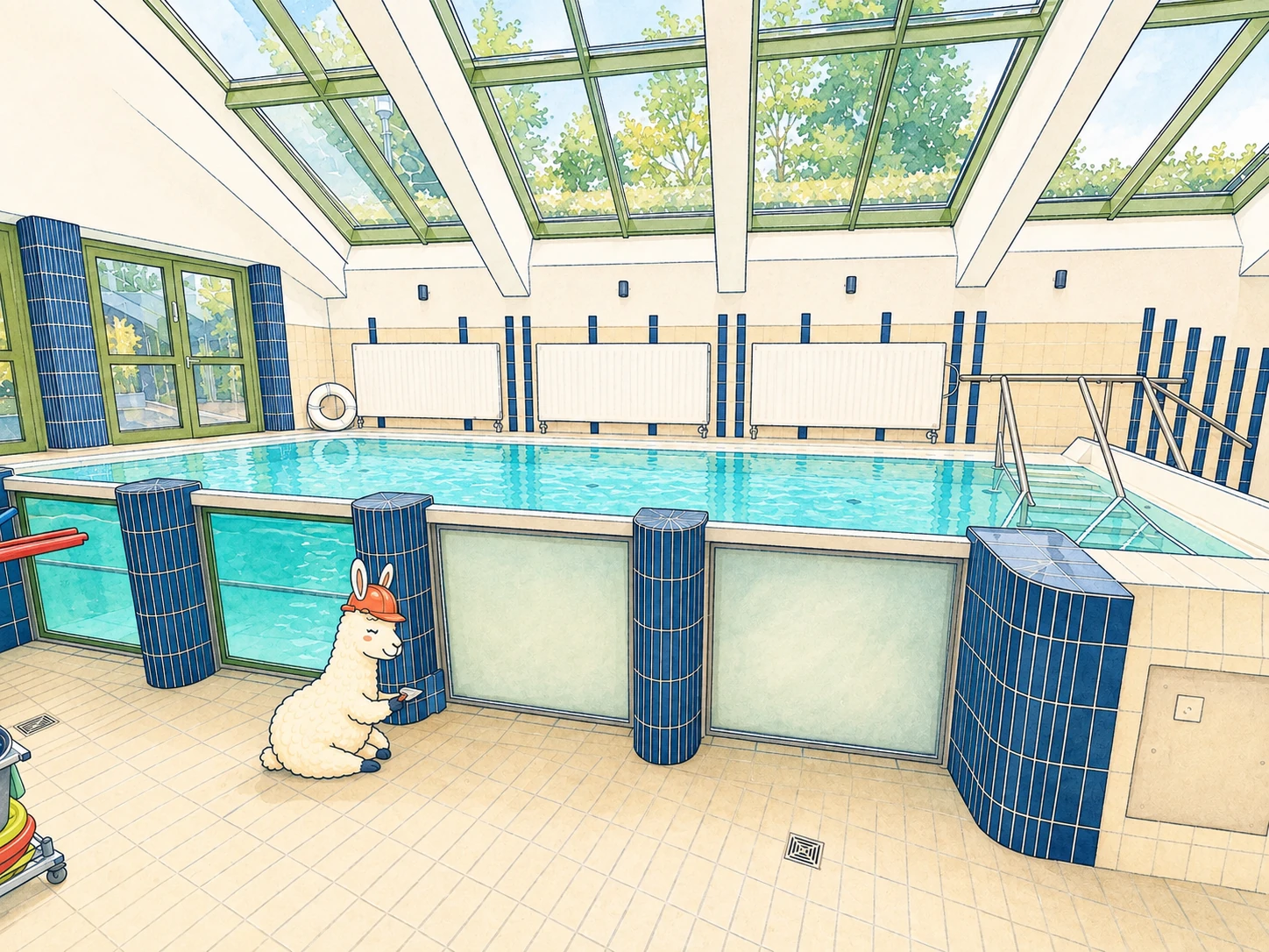 Ein Lama mit Bauhelm bringt eine Fliese an unserem Schwimmbecken unter dem Glasdach an.